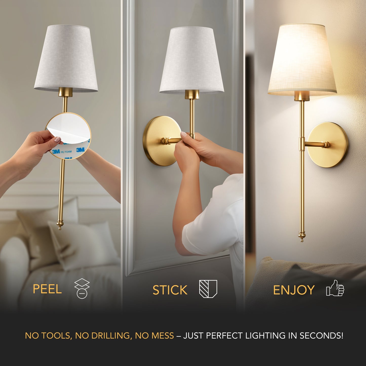 WIRELESS WALL SCONCES (SET OF 2 + 2 BULBS FREE)