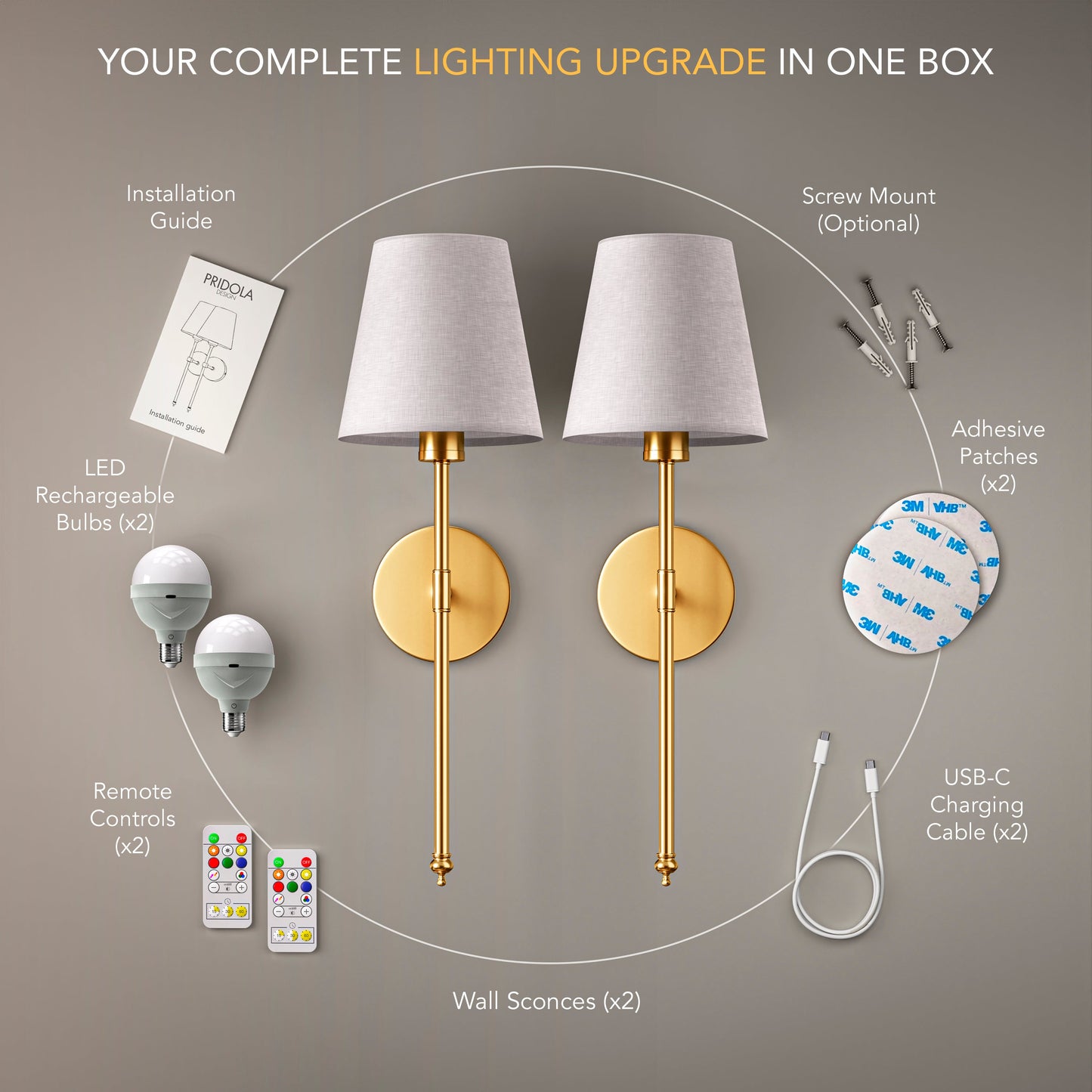 WIRELESS WALL SCONCES (SET OF 2 + 2 BULBS FREE)